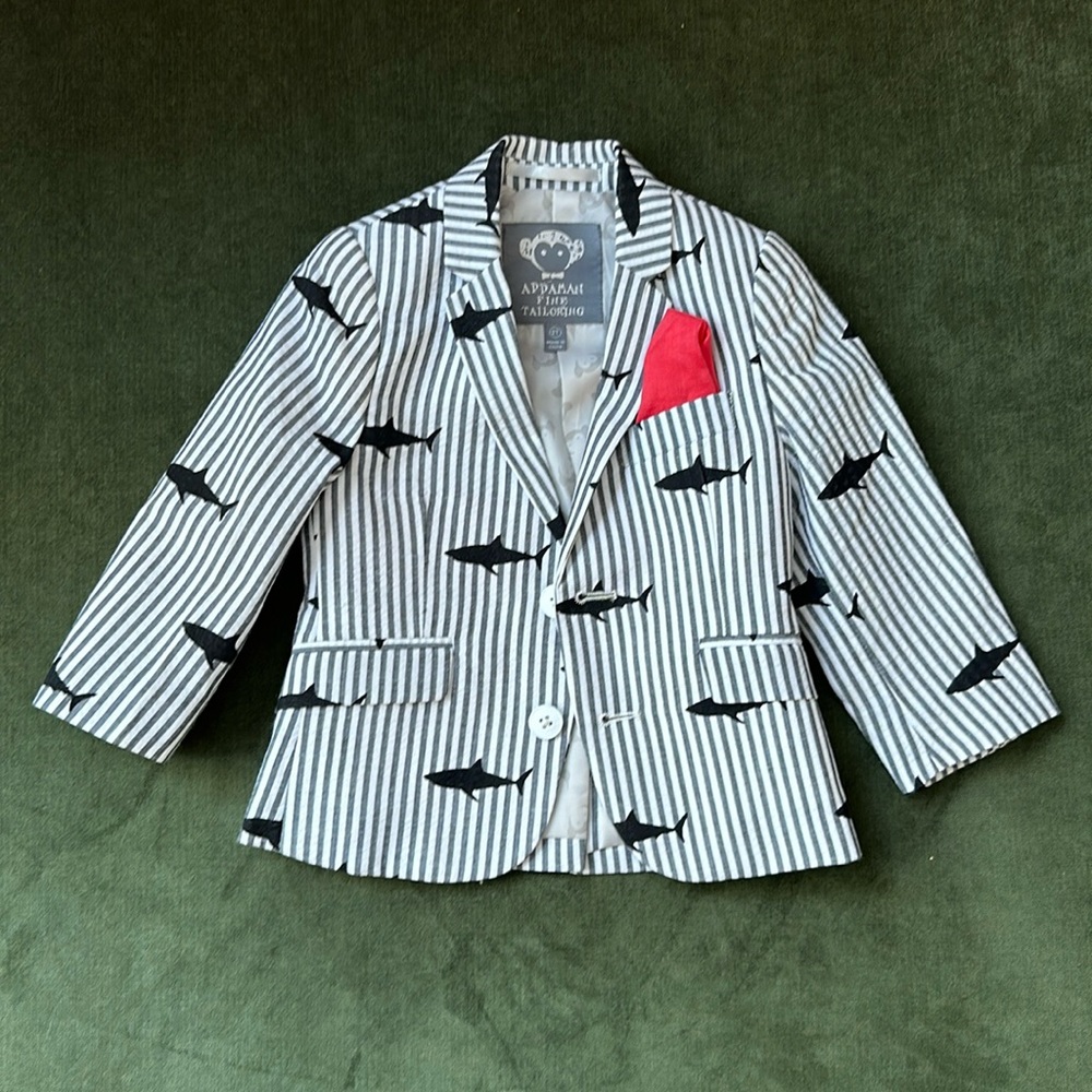Appaman White and Navy Striped Shark Print Blazer with Red Pocket Square